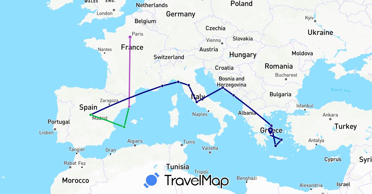 TravelMap itinerary: driving, bus, train in Spain, France, Greece, Croatia, Italy (Europe)